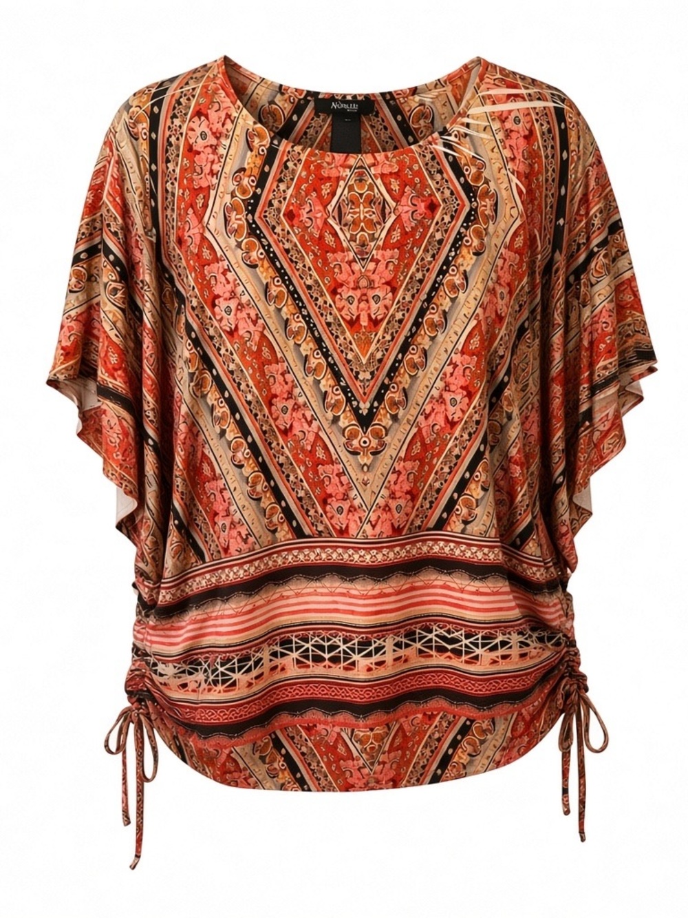013 STYLE & Co. Rust-Peach Paisley Drawstring Flutter Sleeve Top